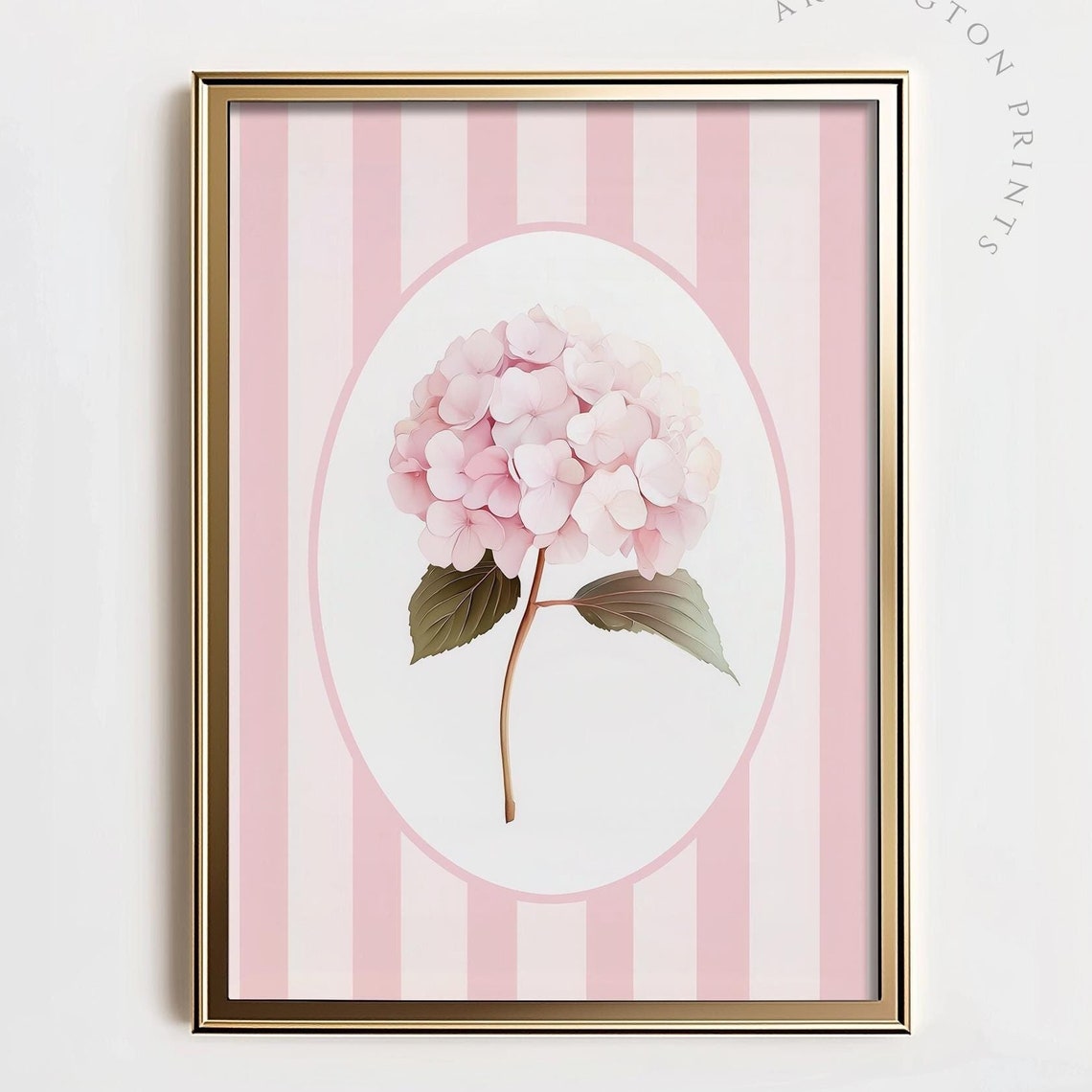 Pink Hydrangea Bloom on Pink Stripes Botanical Nursery Decor Poster