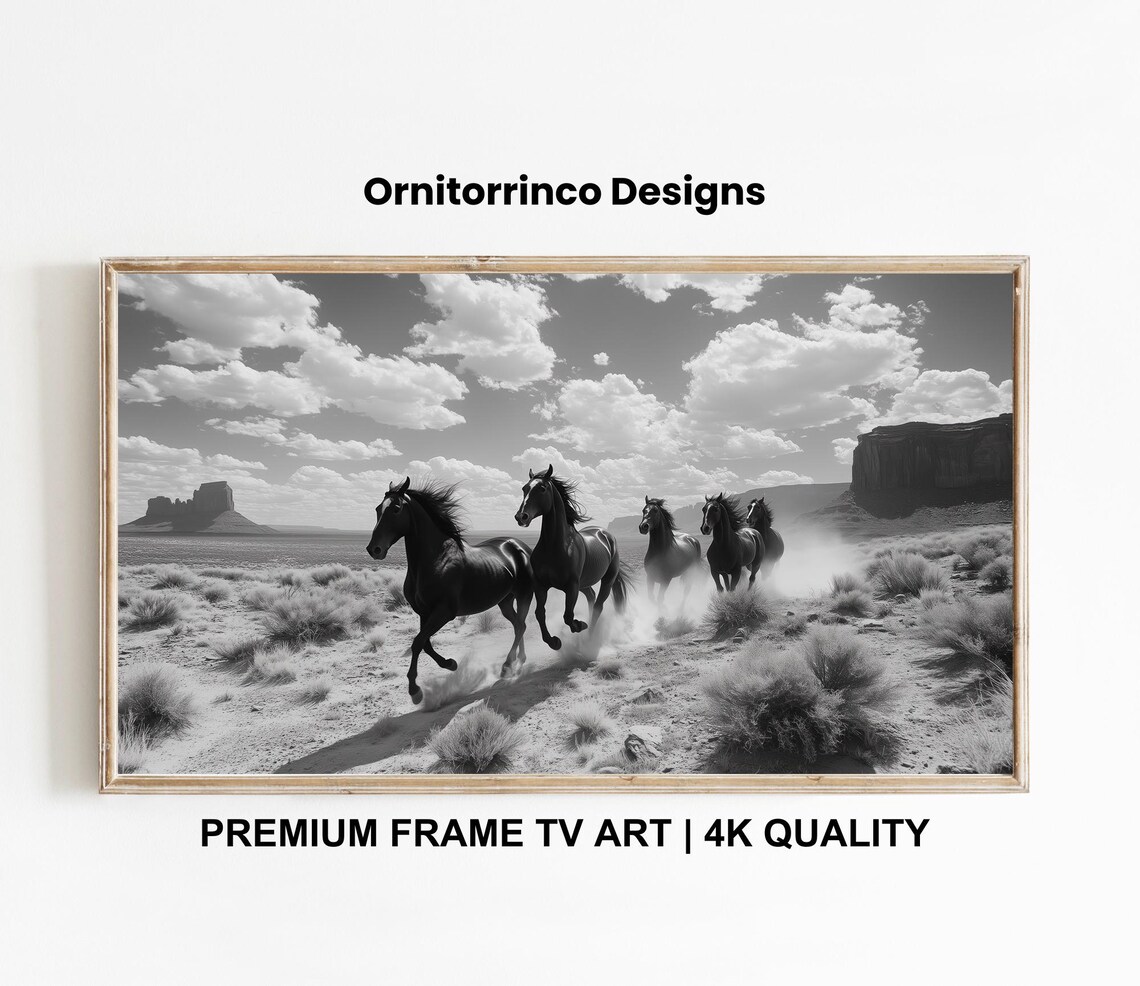 Wild Horses Running Desert Buttes Black White Nature Travel Poster - Image 3