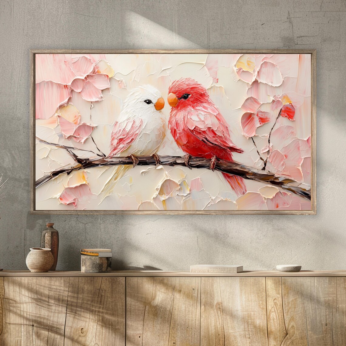 Sweet Lovebirds Pair Pink Petals Impasto Style Romantic Wall Art Print - Image 2