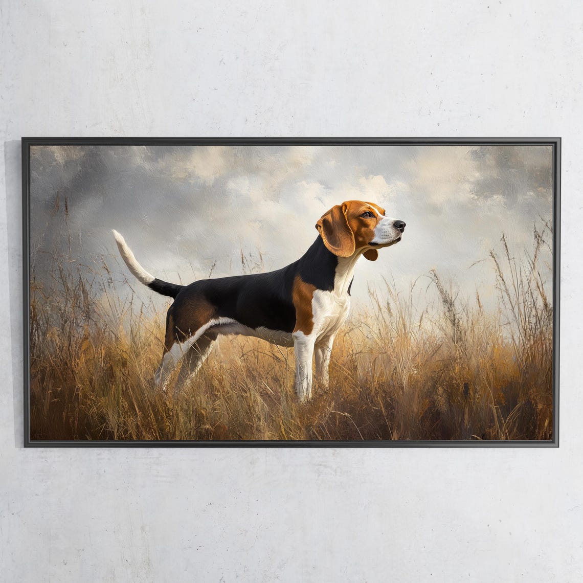 Beagle Dog Standing Golden Field Grass Oil Painting Hunting Wall Art
