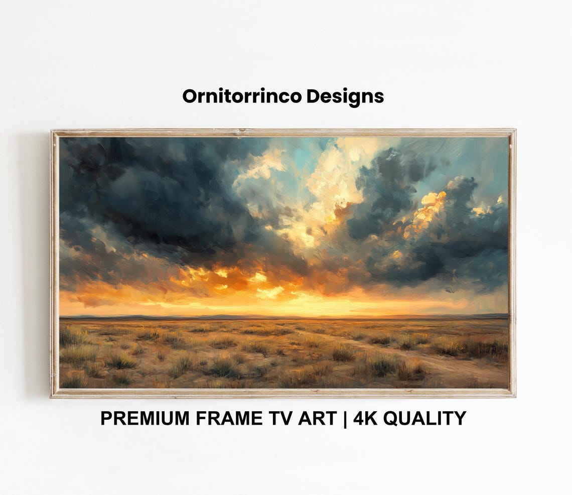Desert Sunset Storm Clouds Golden Plains Dramatic Landscape Wall Art - Image 3