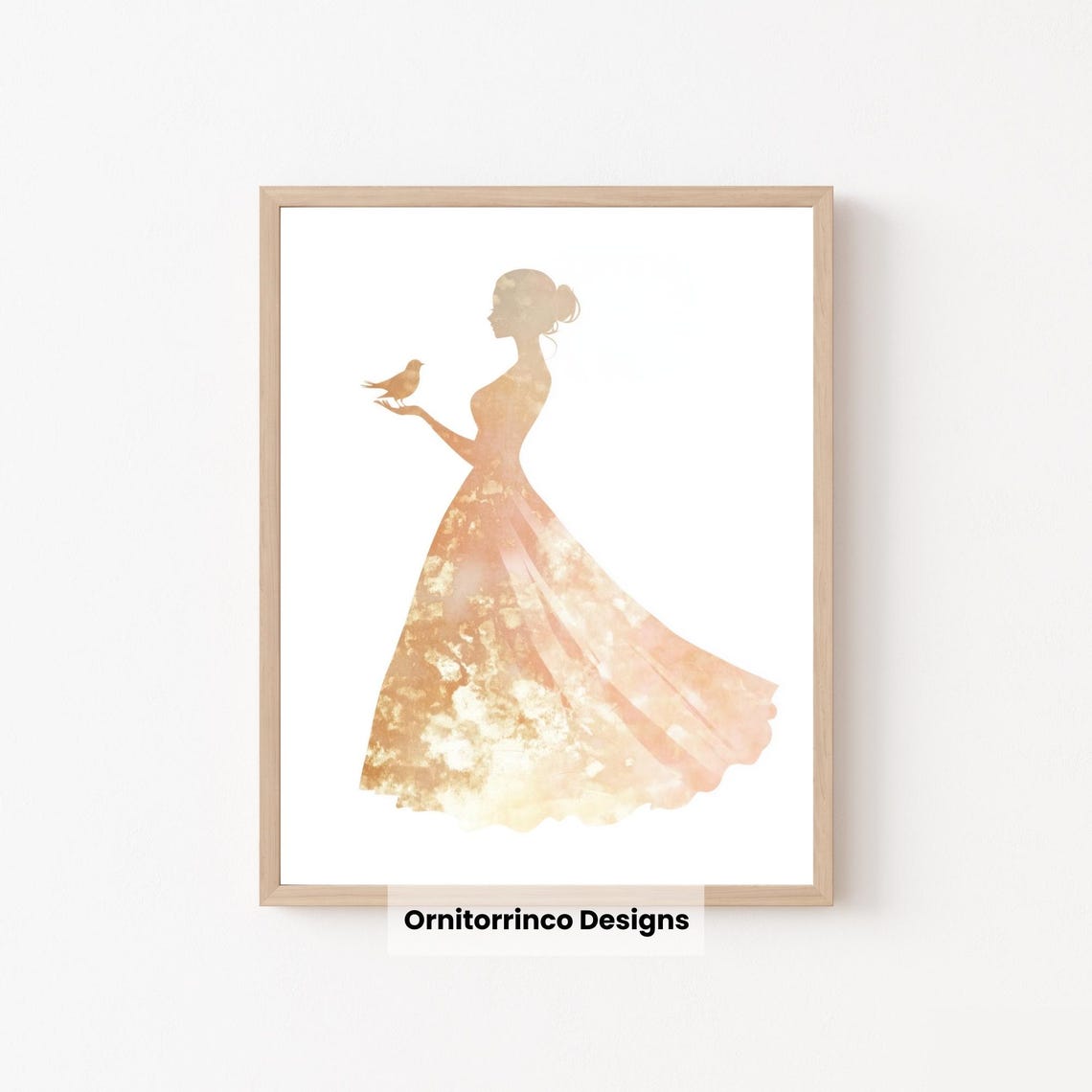 Blush Rose Gold Princess Silhouette Bird Watercolor Gown Poster - Image 2