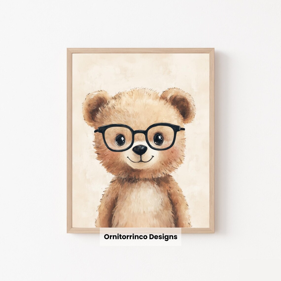Cute Bear Wearing Glasses Watercolor Nursery Kids Room Wall Art - Image 2