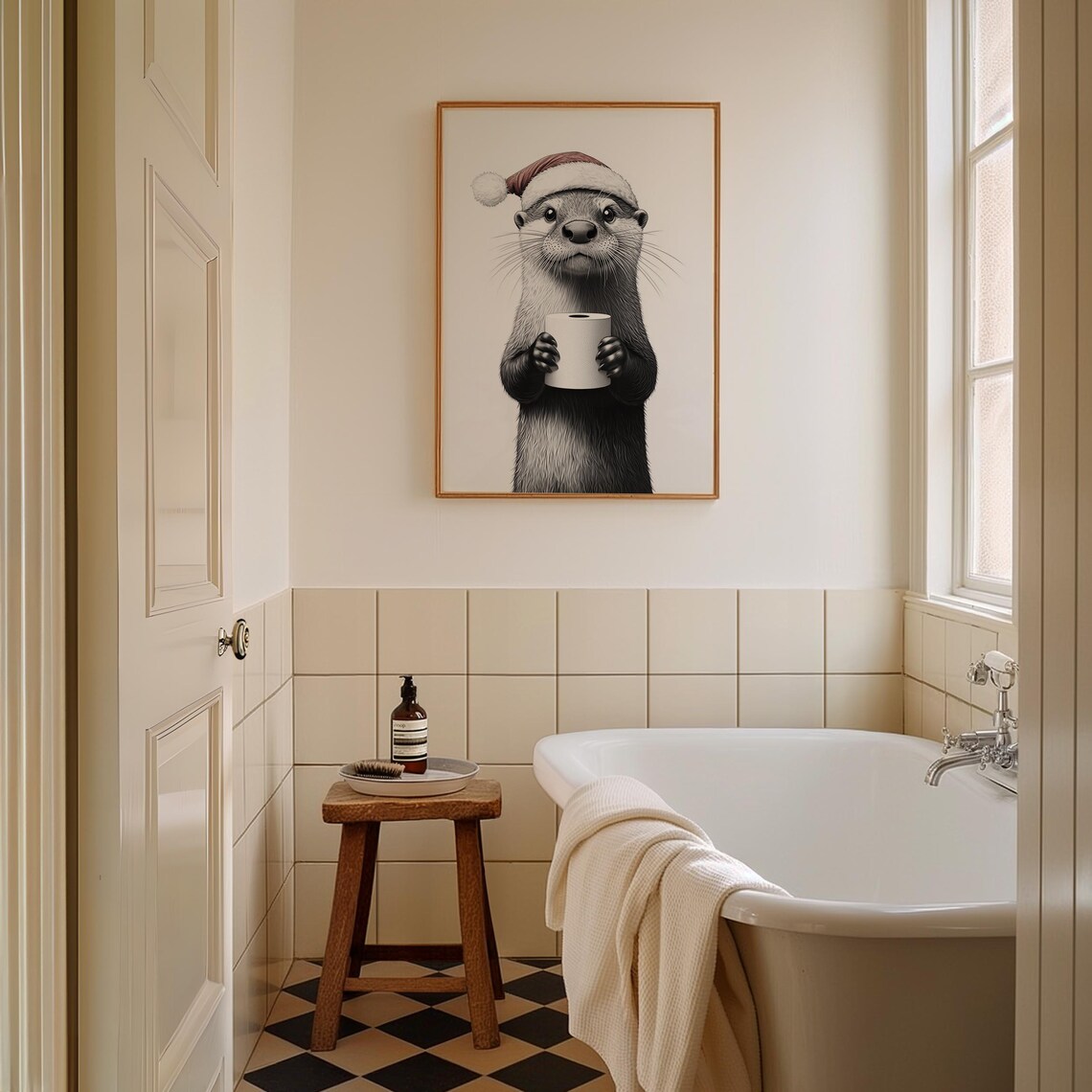 Cute Christmas Otter in Santa Hat Holding Toilet Paper Poster - Image 2