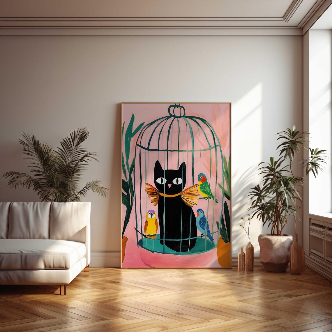 Black Cat in Birdcage Colorful Parrots Playful Whimsical Poster - Image 2