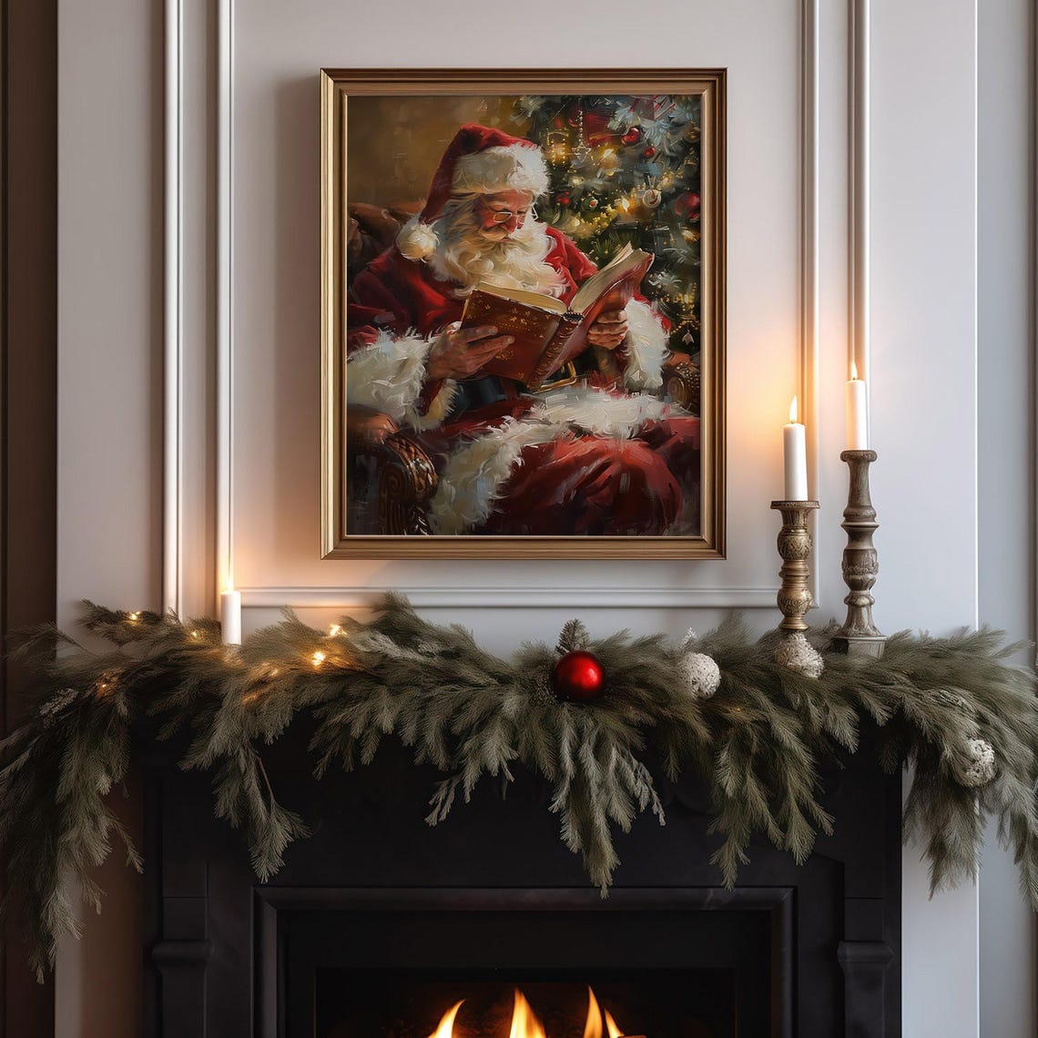 Vintage Christmas Print Festive Xmas Decor Santa Claus Reading Book Poster Holiday Oil Painting Seasonal Christmas Home Decor - Image 3