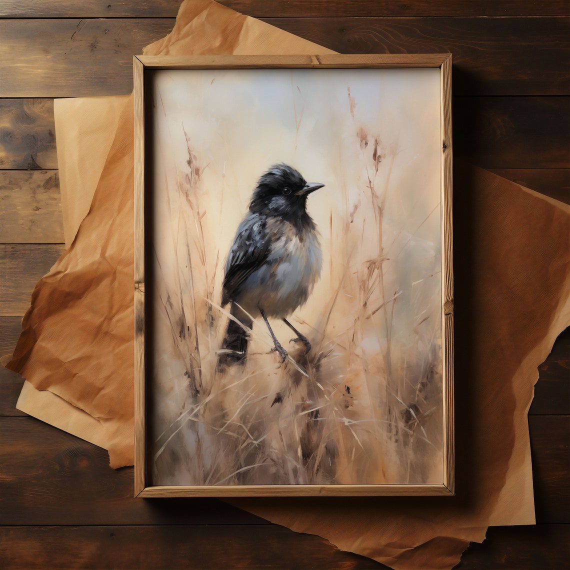 Black Headed Songbird Standing in Golden Wild Grass Meadow Poster - Image 3