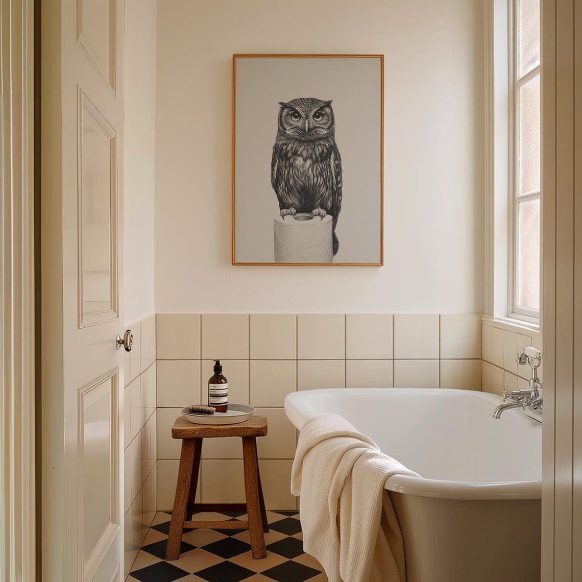 Cute Little Owl Perched On Toilet Paper Roll Bathroom Poster - Image 2