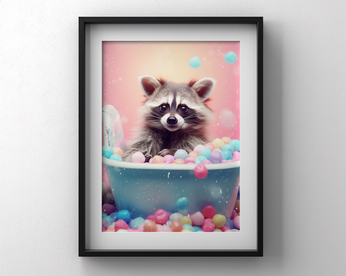 Raccoon In Pastel Ball Pit Bubble Bath Cute Funny Bathroom Wall Poster - Image 3