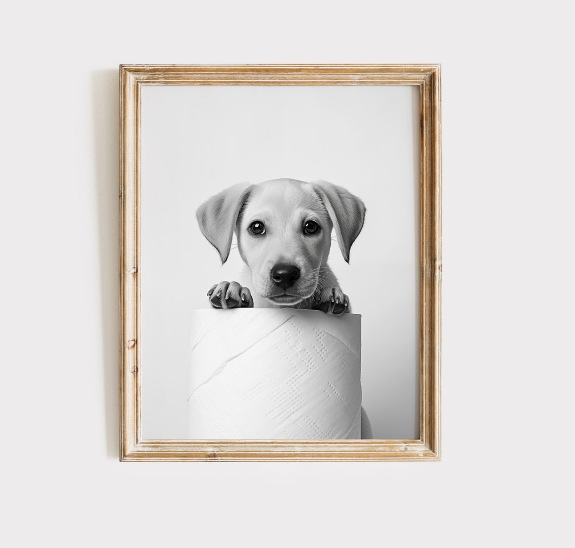 Lab Puppy Peeking Over Toilet Paper Roll Black White Cute Poster