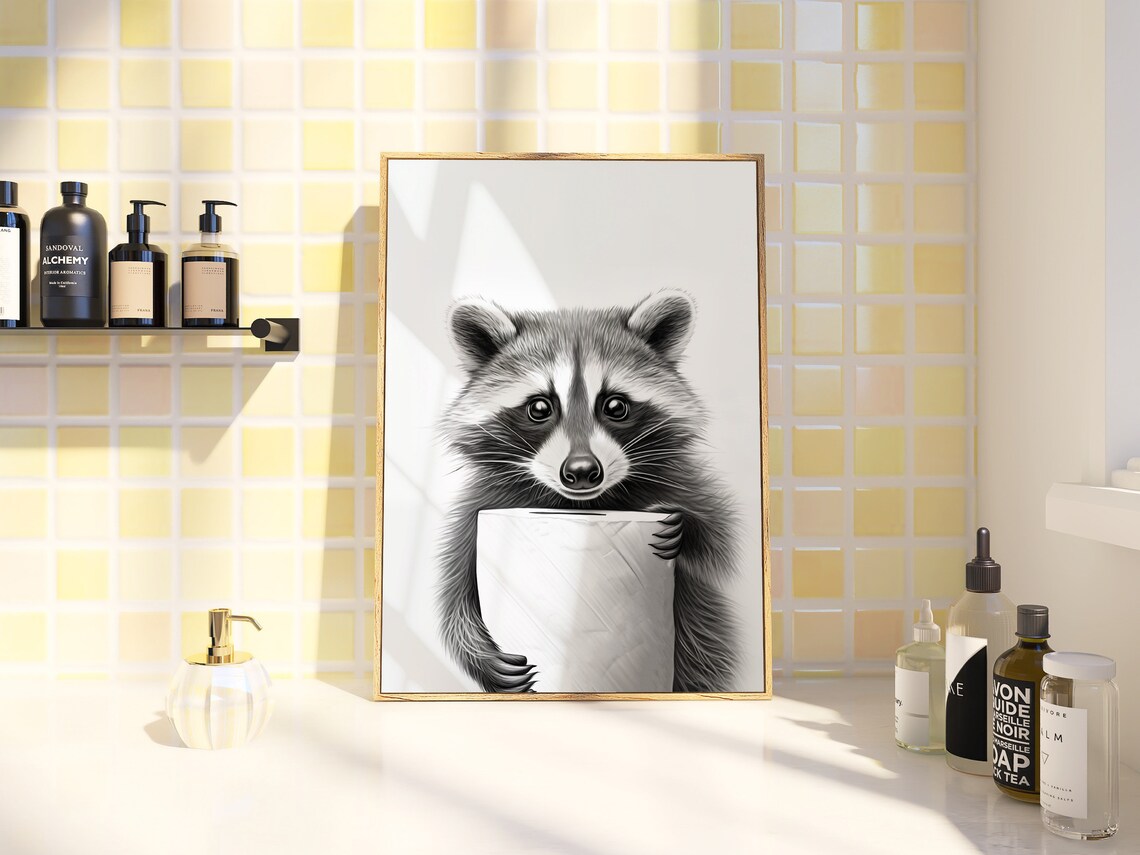 Cute Raccoon Holding Toilet Paper Funny Black White Bathroom Poster - Image 3