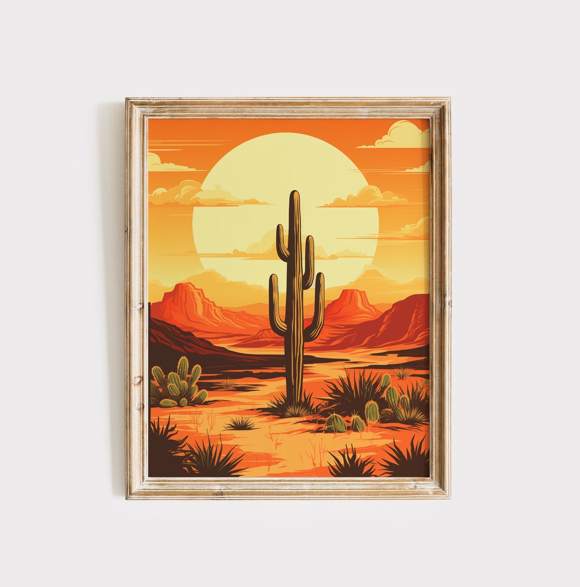 Desert Sunset Saguaro Cactus Red Rock Mesas Retro Travel Style Poster