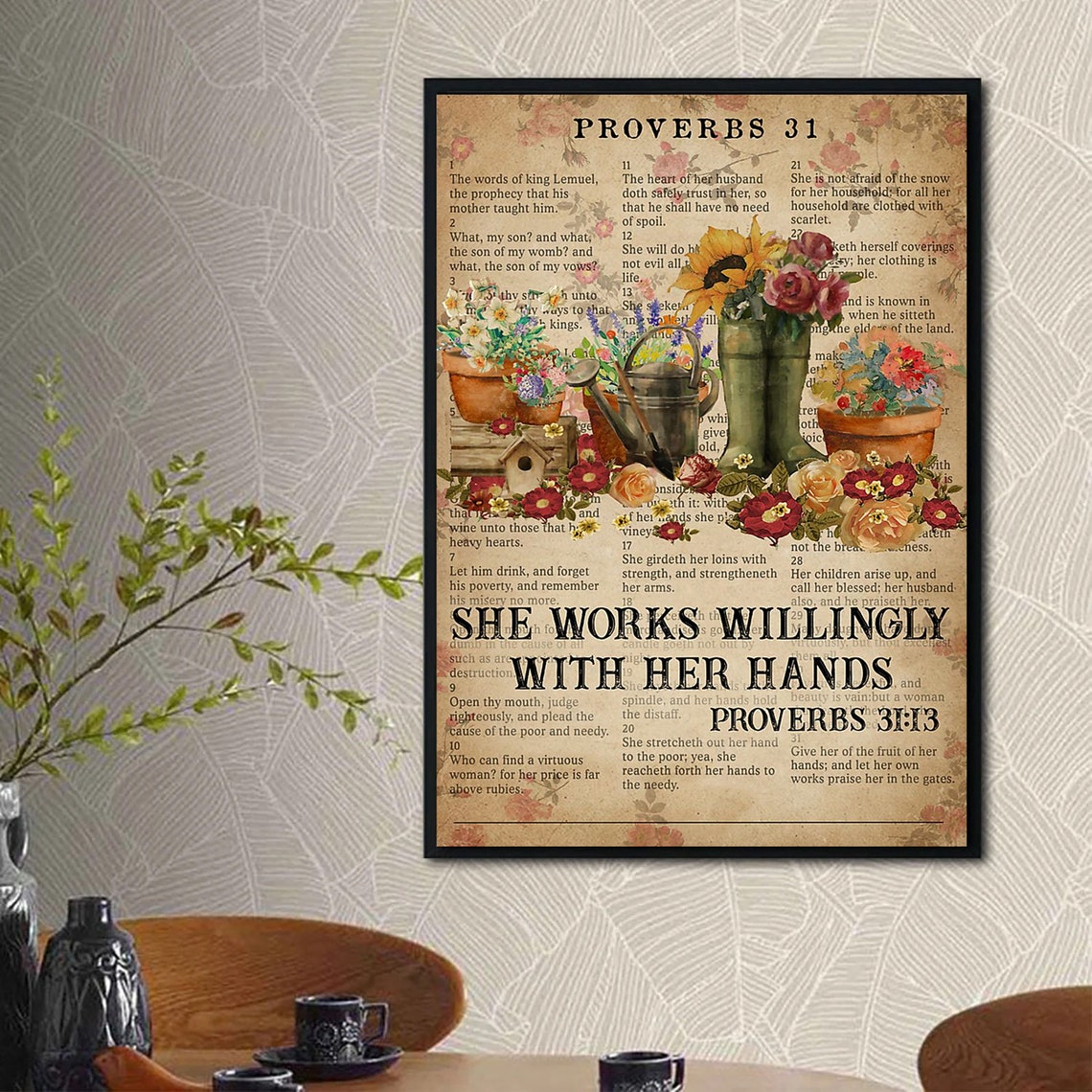 Proverbs 31 She Works Willingly With Her Hands Floral Bible Poster - Image 2