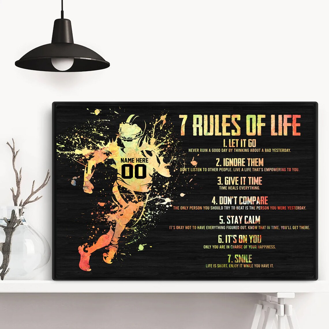 7 Rules of Life Watercolor Football Player Personalized Number Poster - Image 2