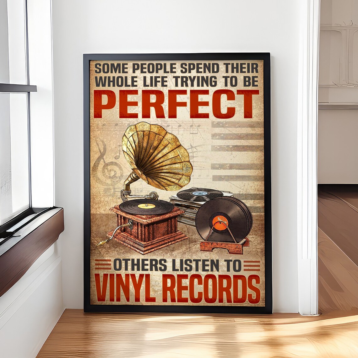Vintage Gramophone With Vinyl Records Music Lover Quote Poster