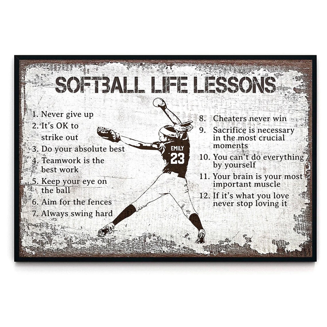 Softball Life Lessons Personalized Motivational Poster with Player