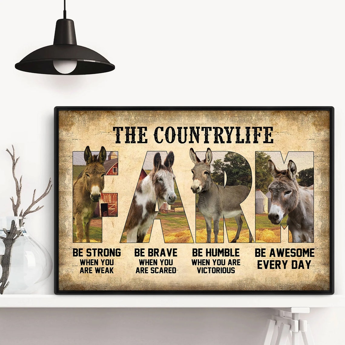 Rustic Country Life Farm Donkey Photo Block Letters Wall Poster - Image 4