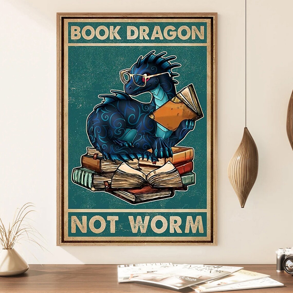 Book Dragon Not Worm Funny Poster Dragons Poster Retro Library Cafe Living Room Kitchen Bathroom Home Decor - Image 2