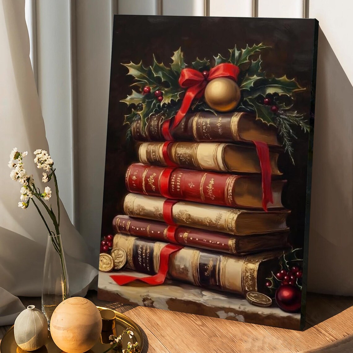 Stack of Vintage Christmas Books With Holly and Ribbon Art Poster