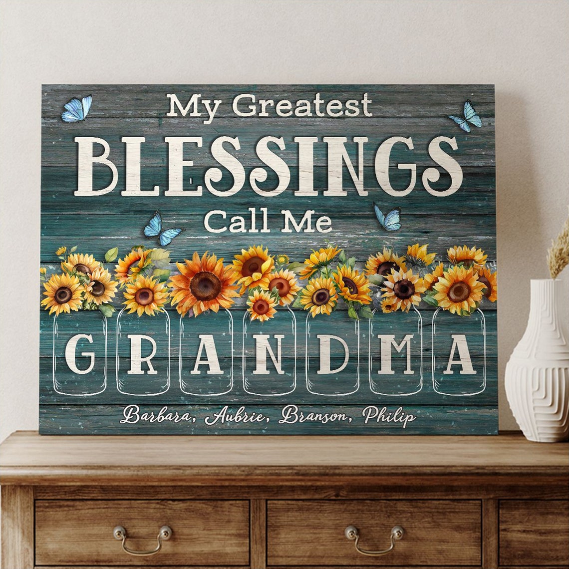 My Greatest Blessings Call Me Grandma Sunflower Mason Jars Poster - Image 4