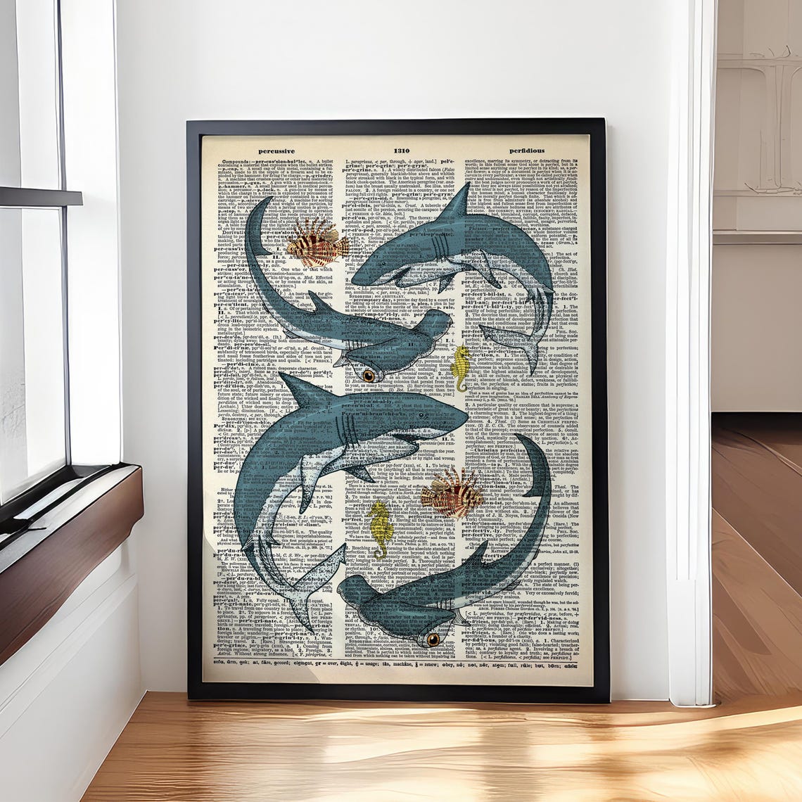 Vintage Sharks Illustration Antique Dictionary Page Art Poster - Image 4
