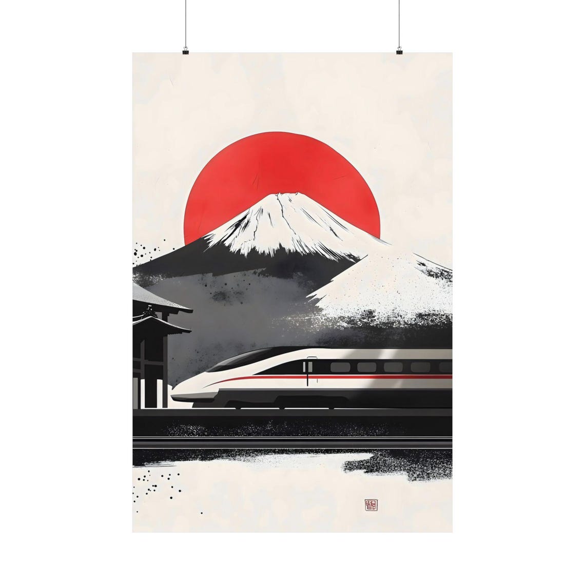 Shinkansen Mount Fuji Sumi E Red Sun Classic Japanese Art Poster