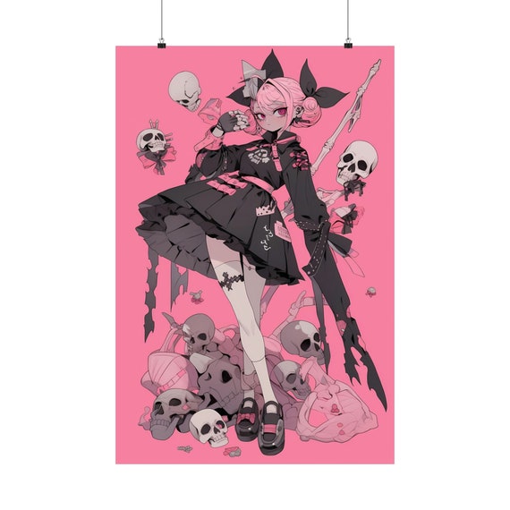 Halloween Emo Anime Girl Poster 3 Manga Illustration Comic Book Drawing Wall Art Short Dress Gift Room Decoration Whimsical Skull Decor