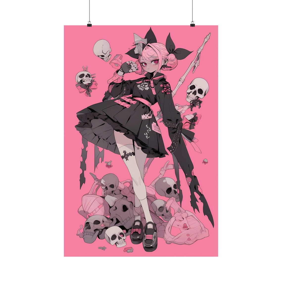 Emo Anime Girl Halloween Goth Skull Pink Manga Illustration Poster