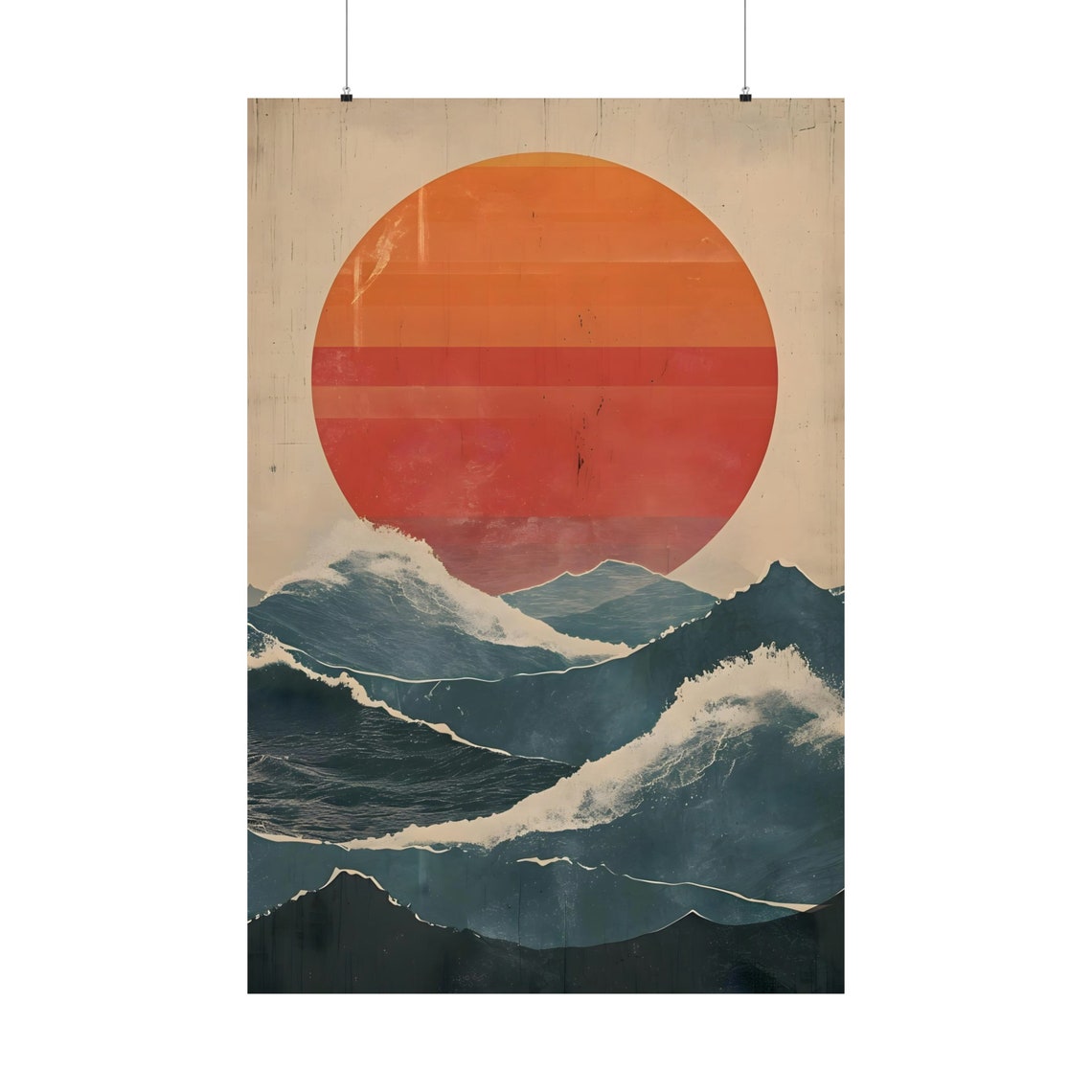 Big Red Sun Over Ocean Waves Retro Japanese Mountain Wave Poster