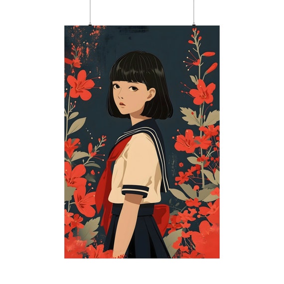 Japanese Schoolgirl Poster 1 Japandi Wall Art Japan School Uniform Print Nihongo Classroom Decoration Retro Manga Decor Anime Illustration