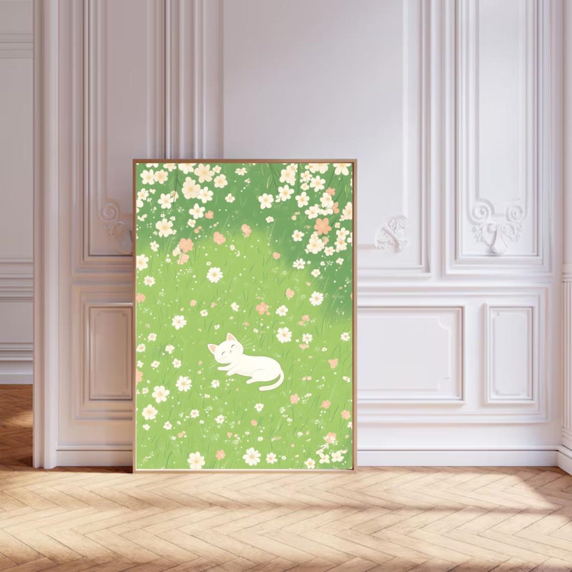 Sleeping White Kitten in Wildflower Meadow Cottagecore Cat Art Poster - Image 4