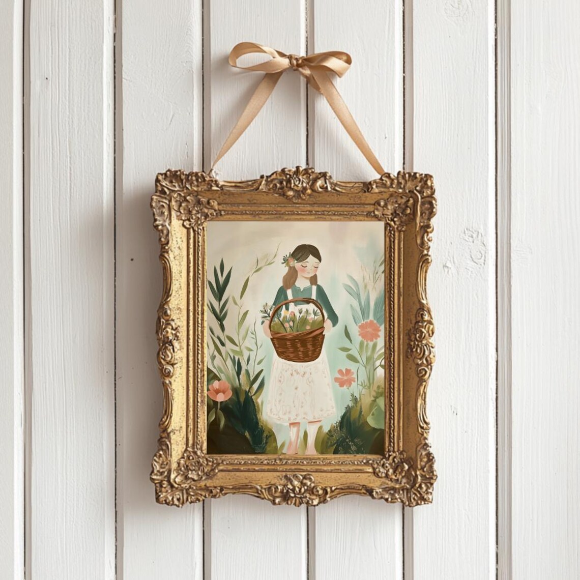 Smiling Girl Holding Flower Basket in Lush Garden Folk Art Poster - Image 4