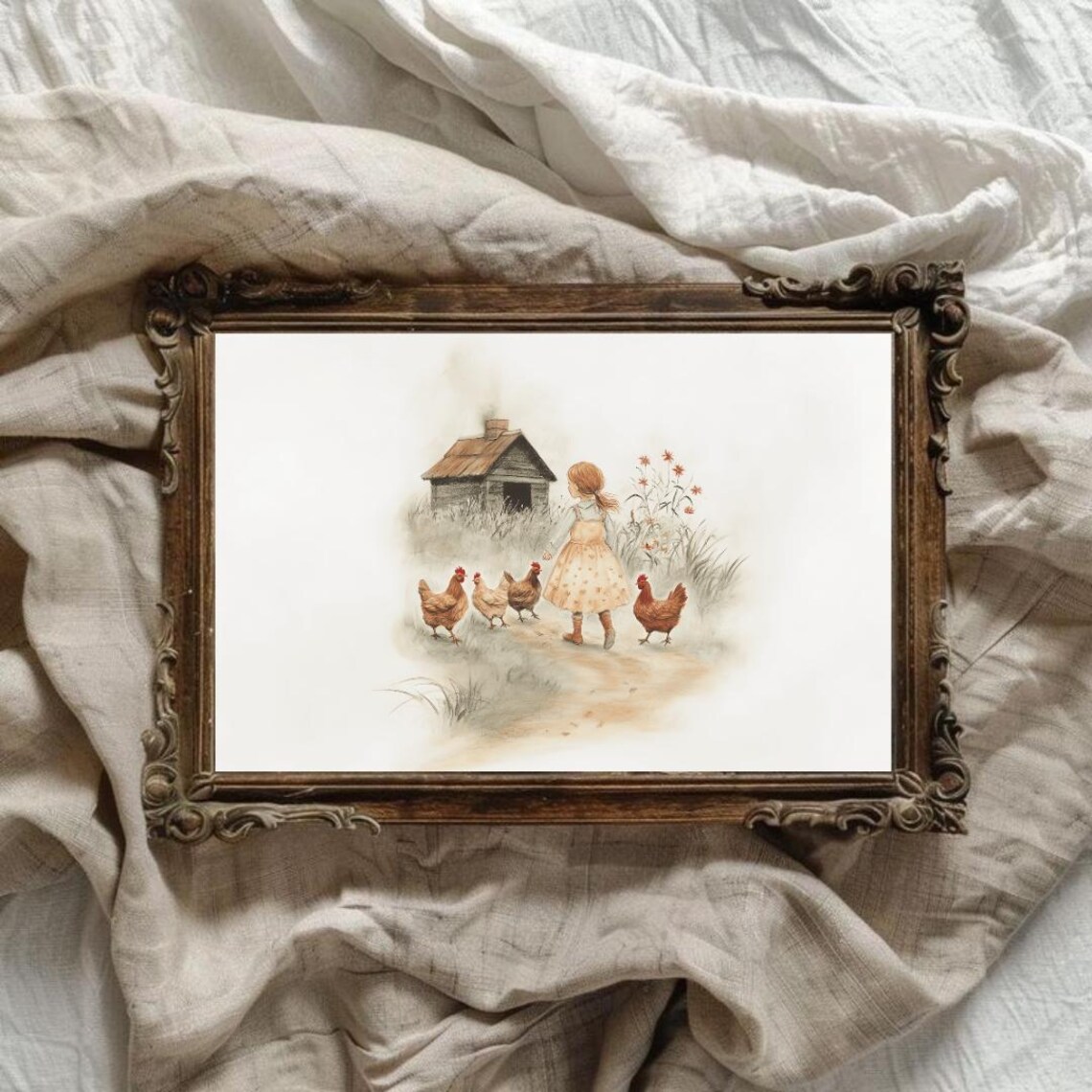 Farm Girl and Chickens Vintage Nursery Art Print - Image 3