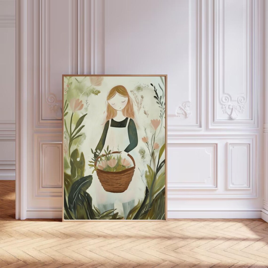 Girl With Flower Basket Among Tall Wildflowers Garden Art Poster - Image 3