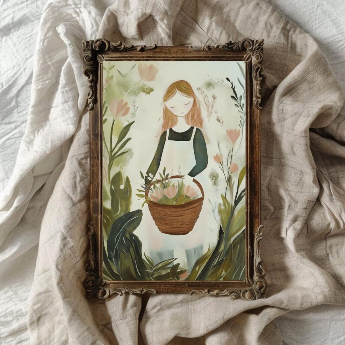 Girl With Flower Basket Among Tall Wildflowers Garden Art Poster - Image 2