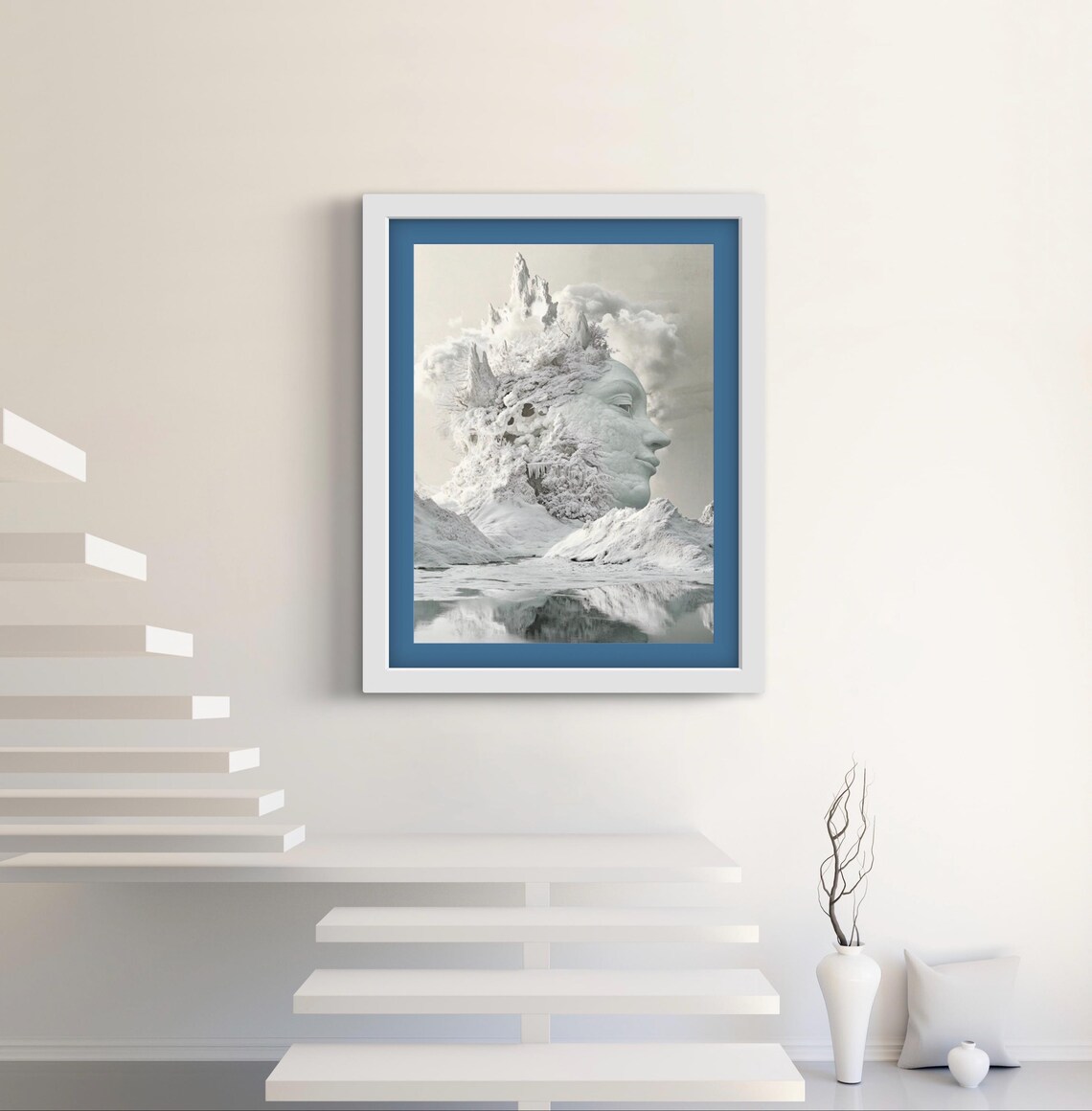 Surrealist Winter Dreamscape Mother Earth Face Emerging From Snowy Mountains Print - Image 3