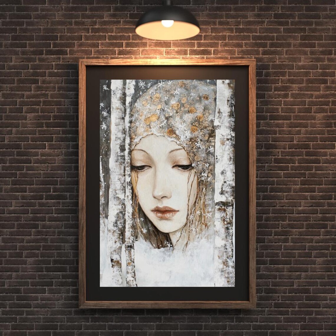 Winter Woman Portrait Emerging from Snowy Birch Forest Klimt Inspired Wall Art - Image 2