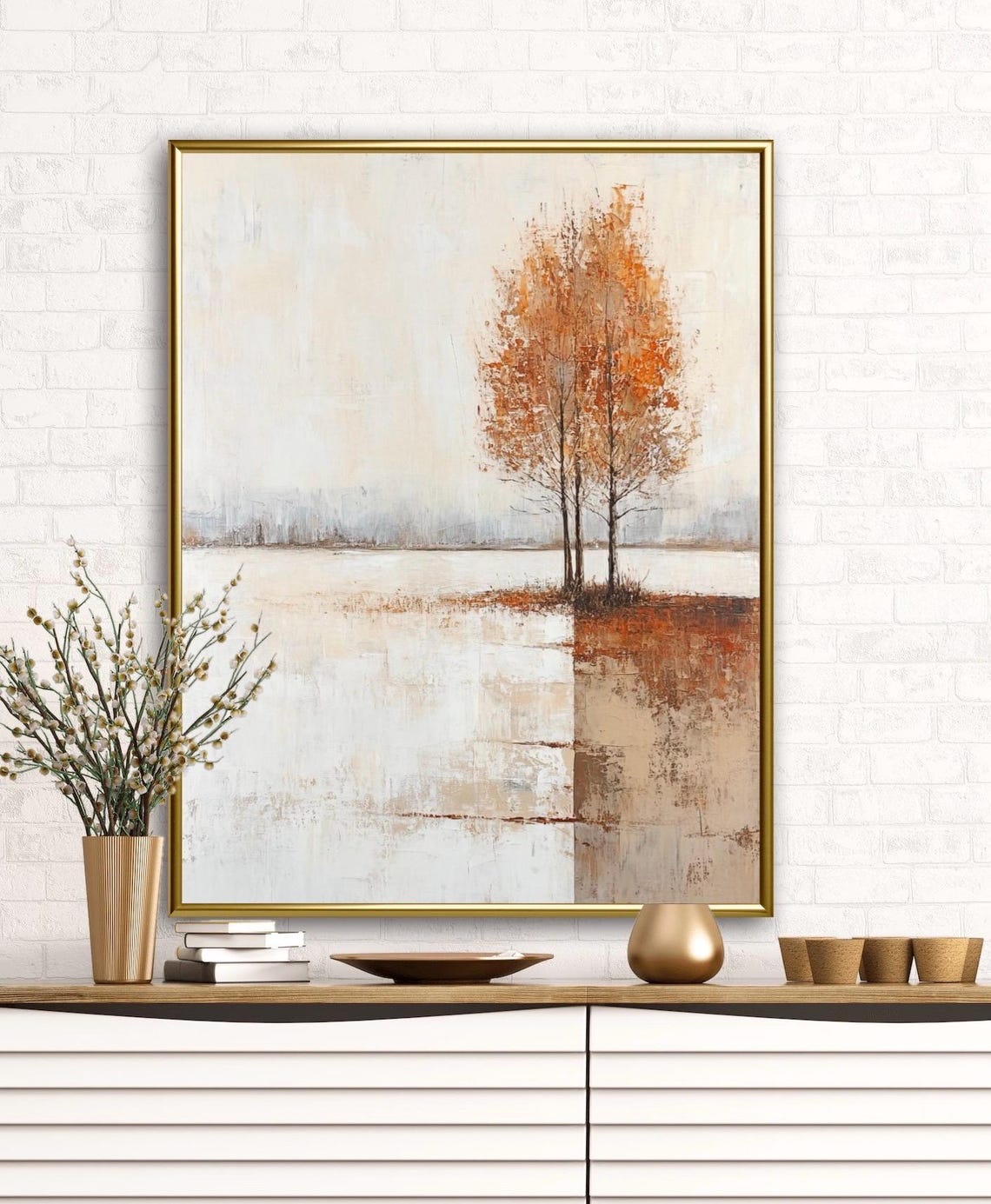 Autumn Tales Lone Orange Tree Lakeside Minimalist Art Poster - Image 2