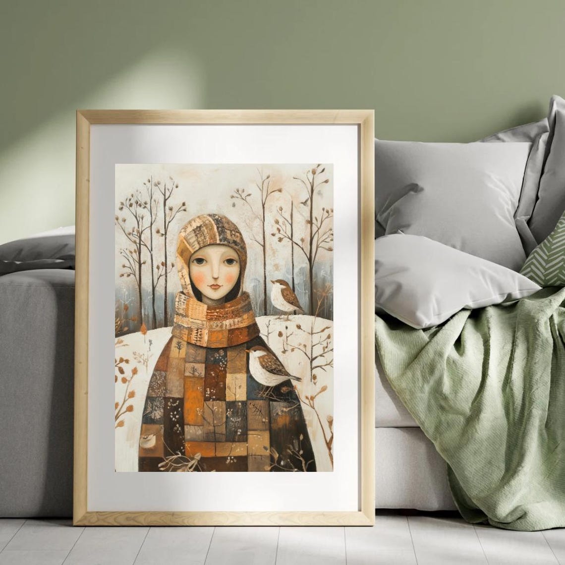 Folk Art Winter Female Portrait Wall Art Print A Girl In Snoey Forest With Two Birds Cozy Earthy Tones Seasonal - Image 4