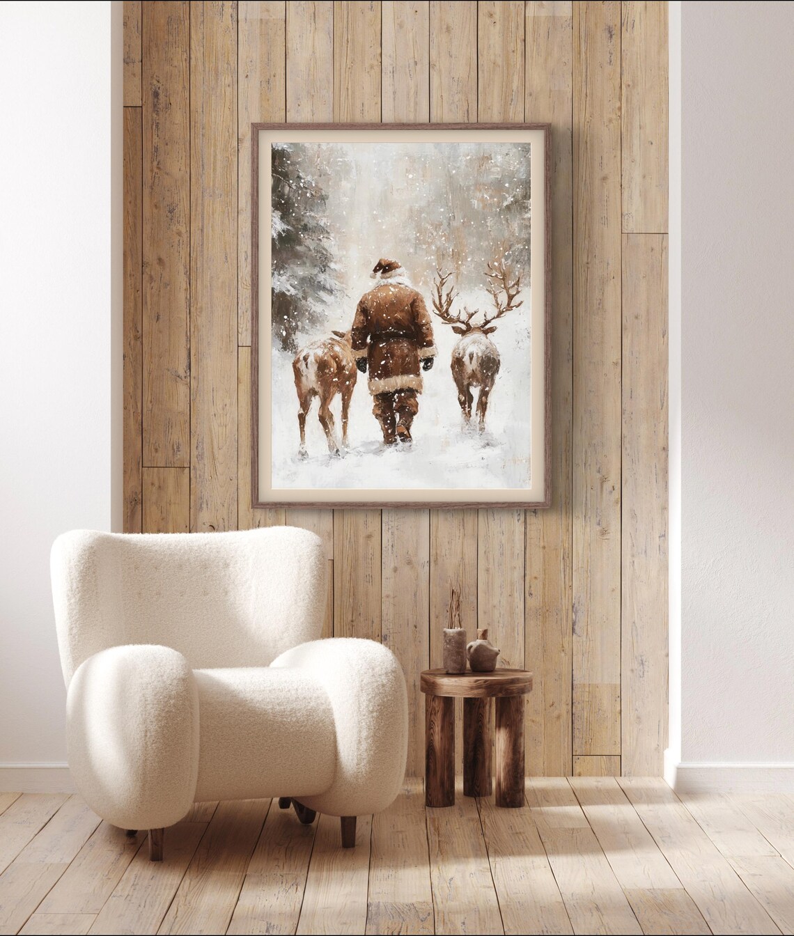 Santa And Reindeers Winter Landscape Art Print - Image 2