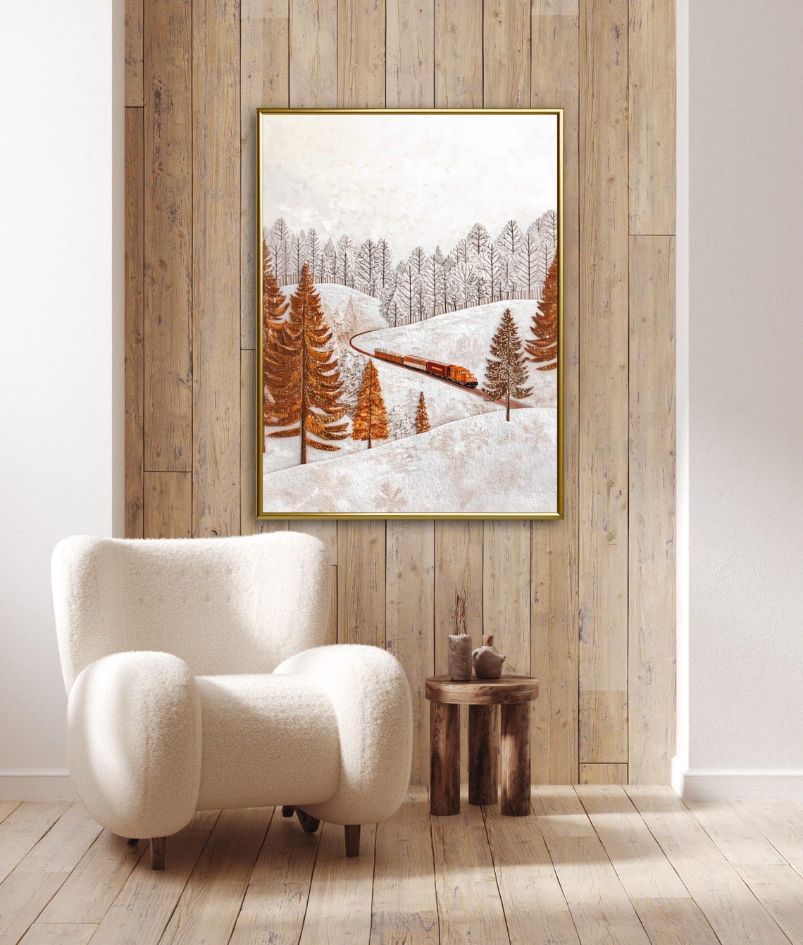 Textured Winter Train Snowy Forest Folk Art Christmas Decor Poster - Image 3