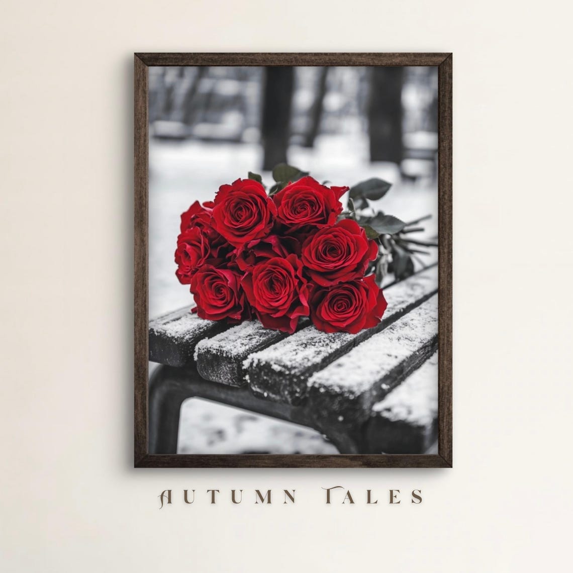 Red Roses Bouquet On Snowy Park Bench Winter Black White Photo Poster