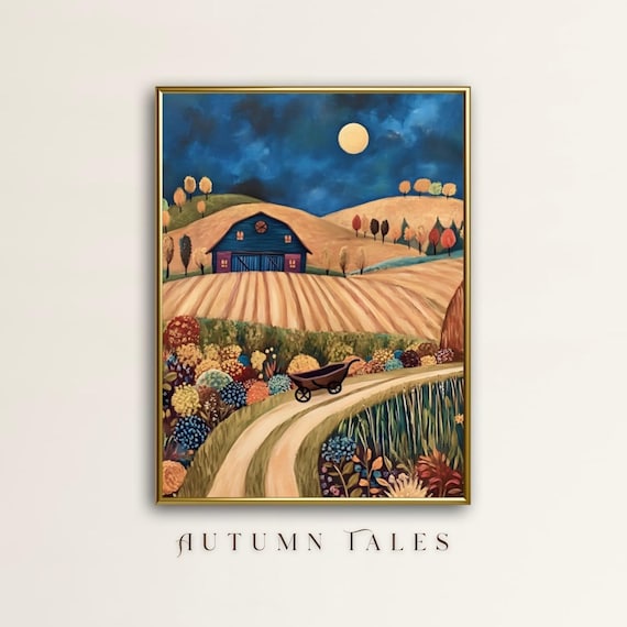 Moonlit Folk Art Night Farm With Blue Barn And Flowers Art Print