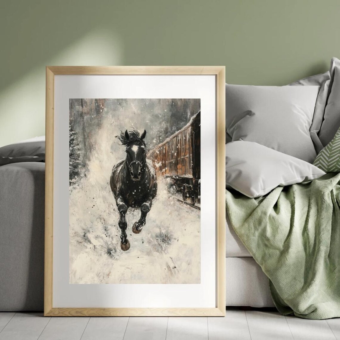 Black Horse Galloping Through Falling Snow Vintage Moody Wall Art Poster - Image 4