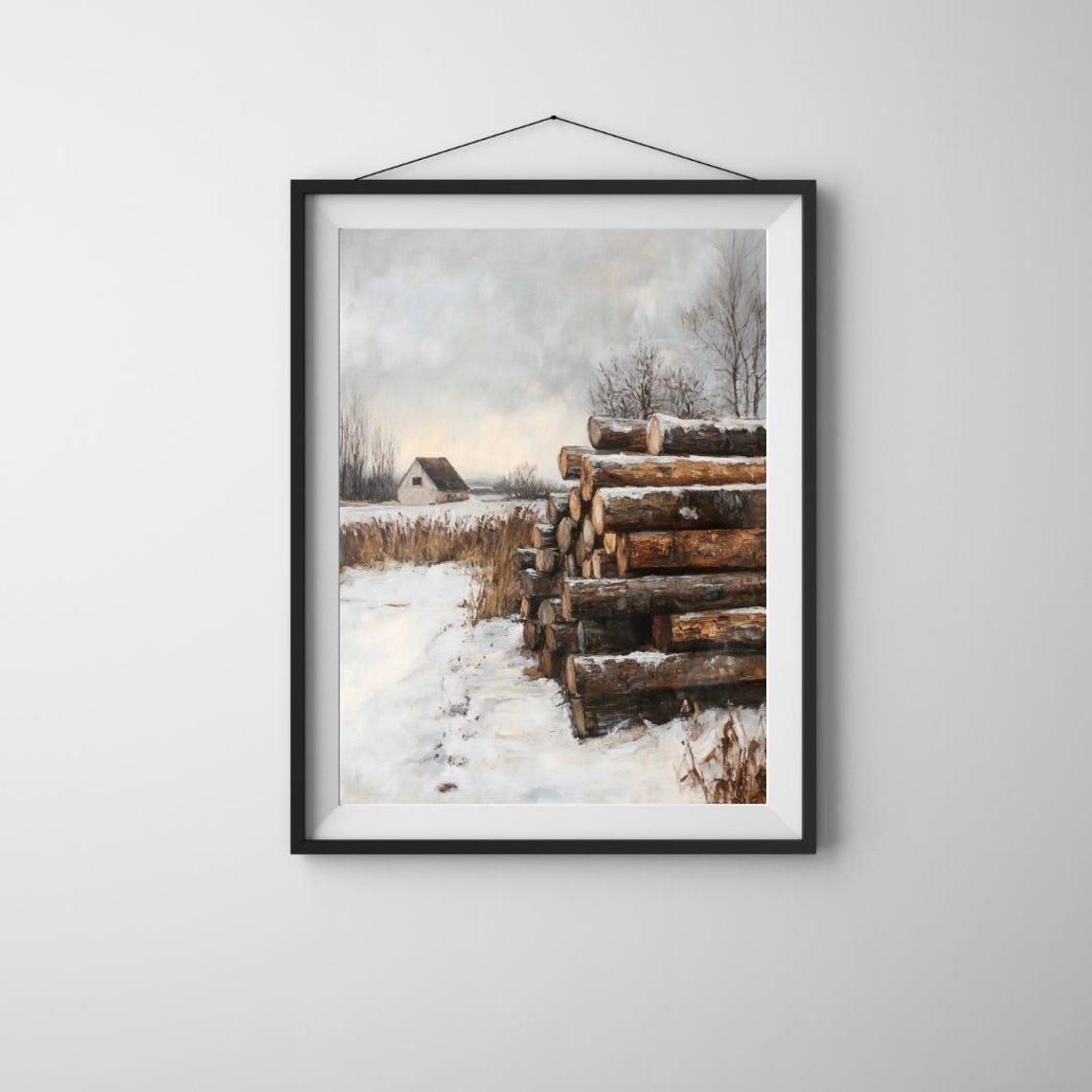 Snowy Winter Farm Stacked Wood Logs Barn Landscape Rustic Poster - Image 4