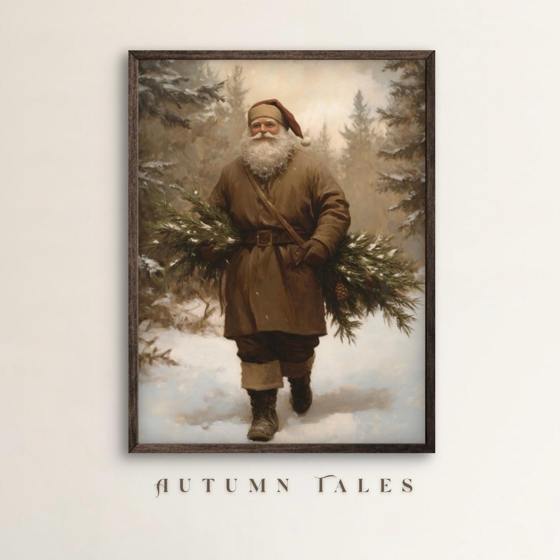 Rustic Santa Claus Carrying Evergreens Snowy Forest Christmas Wall Art
