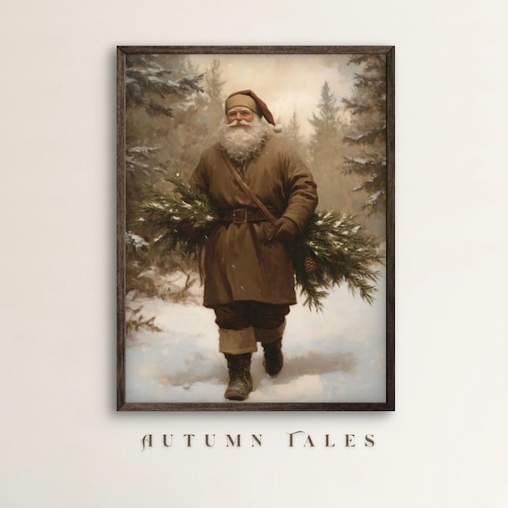Rustic Santa Claus Carrying Evergreens Snowy Forest Christmas Wall Art