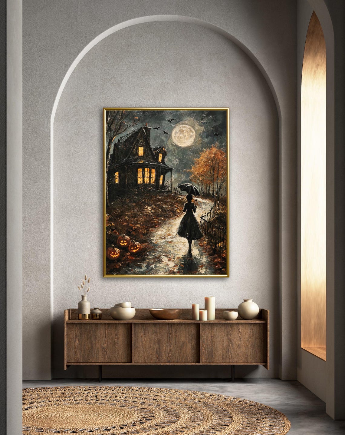 Haunted House Witch and Jack O Lanterns Halloween Night Scene Wall Art - Image 2