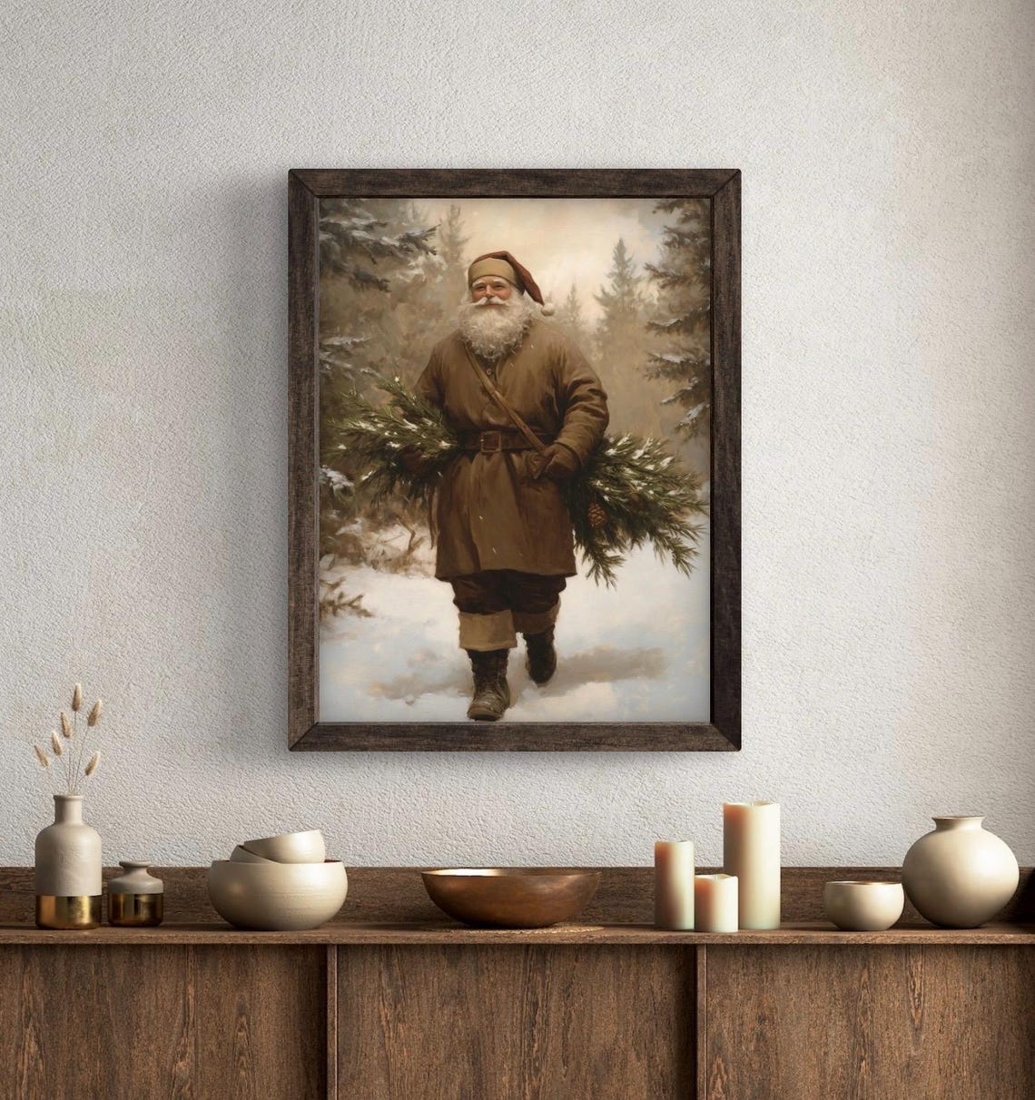 Rustic Santa Claus Carrying Evergreens Snowy Forest Christmas Wall Art - Image 3