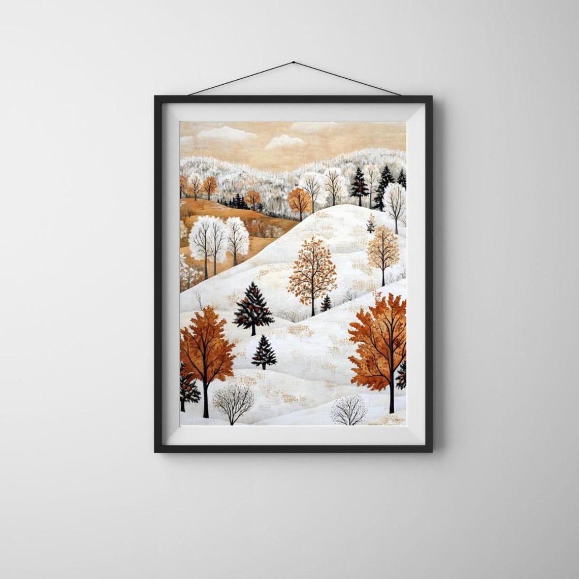 Charming Folk Art Snowy Hills With Orange Winter Trees Art Print - Image 3